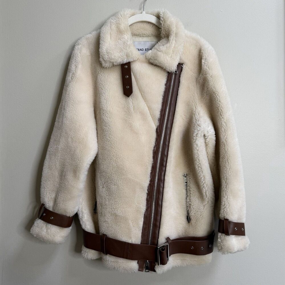 Stand Studio Off White Brown Colleen Sherpa Moto Jacket Size 36 / US 4